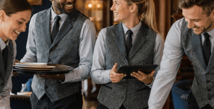 Group of restaurant workers setting a table and smiling, wearing grey waistcoats
