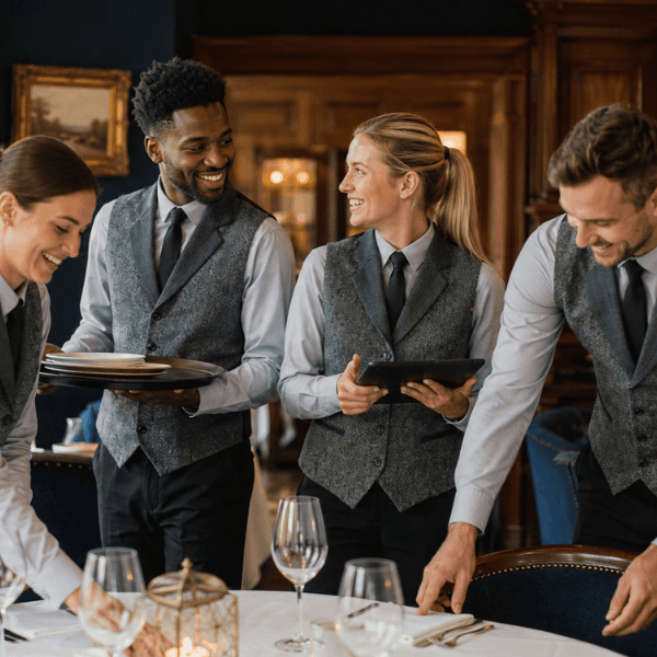 Group of restaurant workers setting a table and smiling, wearing grey waistcoats