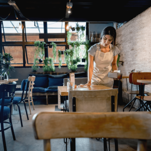 Food and Beverage Job Description: Image of a Waitress cleaning tables