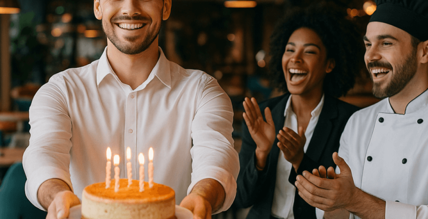 Waiter offering Platinum Hospitality an anniversary cake
