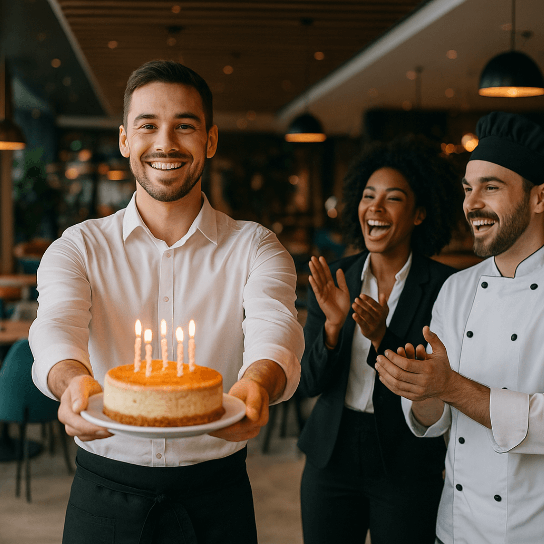 Waiter offering Platinum Hospitality an anniversary cake