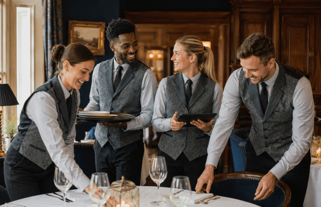 Four hospitality workers setting up a dining room for service