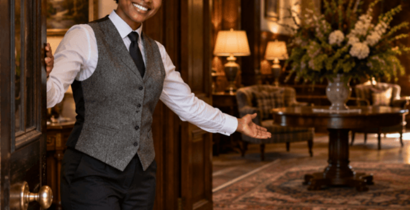 Female concierge holding open hotel door and welcoming you inside