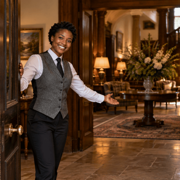 Female concierge holding open hotel door and welcoming you inside