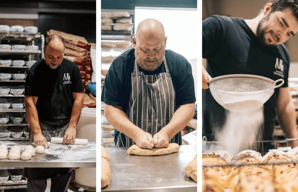Three images of Patisserie Mark Bennett bakers in the kitchen